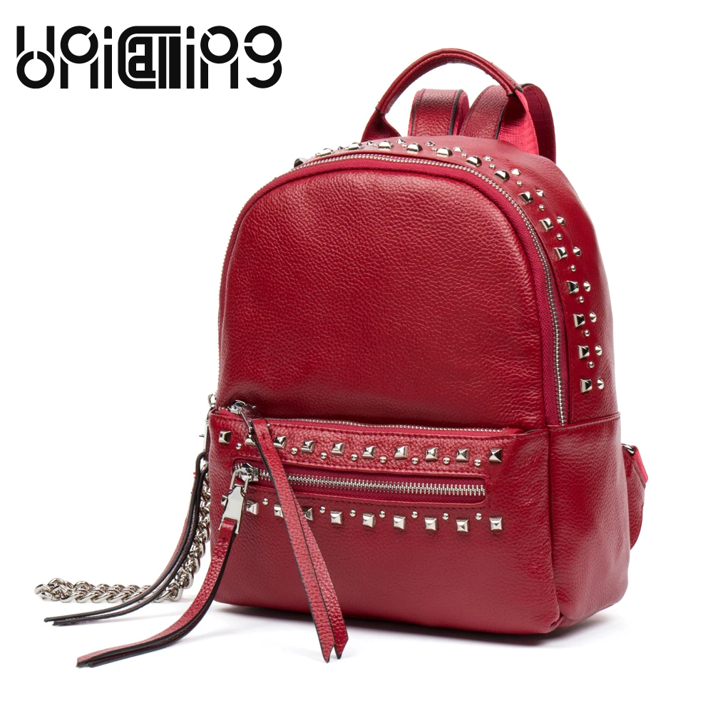 

UniCalling New style cow leather rivet backpack women fashion brand All-match mini backpack solid color Chain Tassel backpack