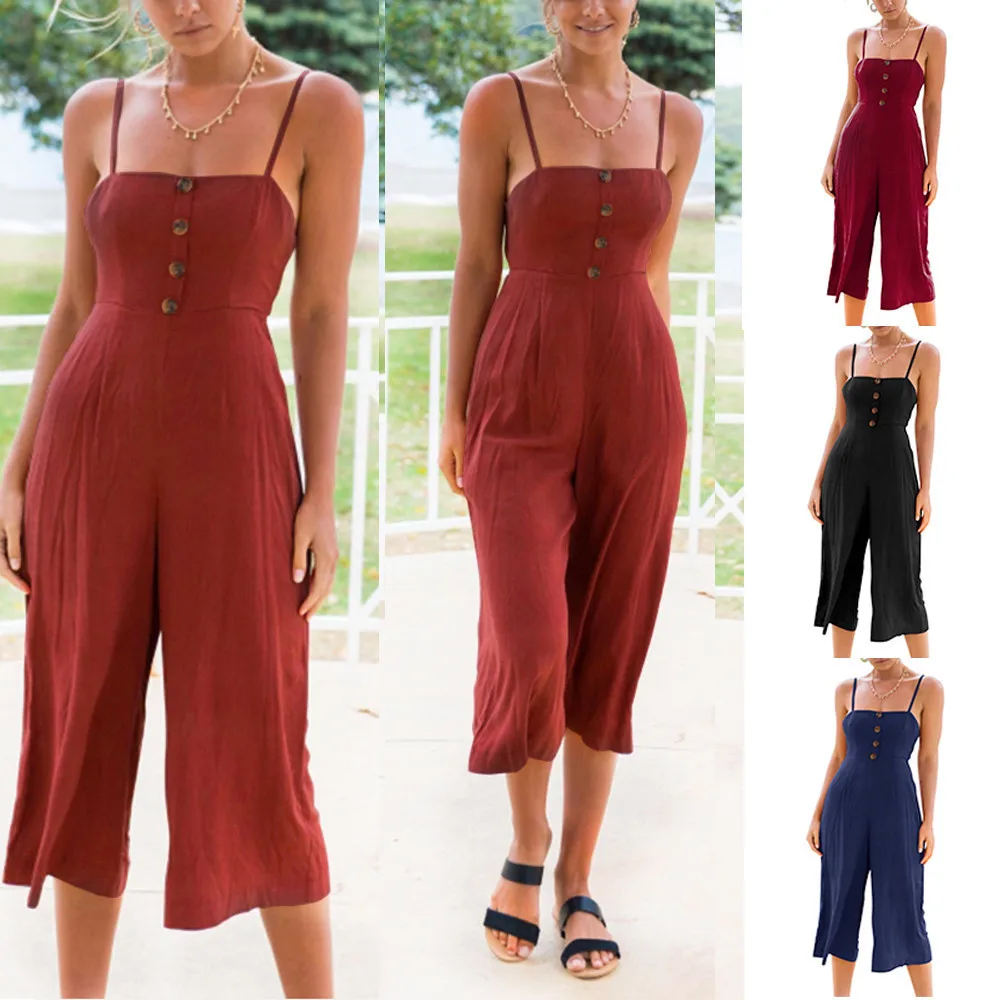 Womens Daily Summer soft and comfortable Strappy Soild Button Long Trouser Playsuits Jumpsuit Rompers L50/0116
