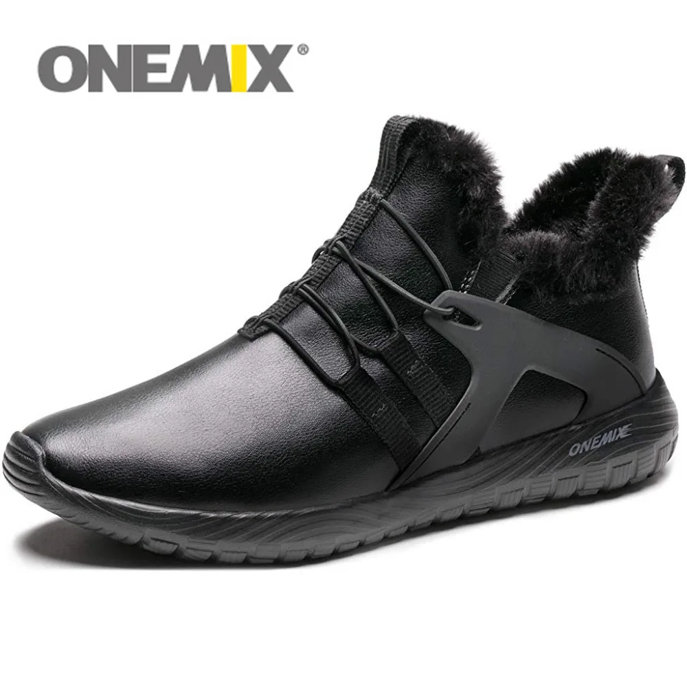 Мужские беговые кроссовки ONEMIX черные теплые зимние из ПУ кожи удобные