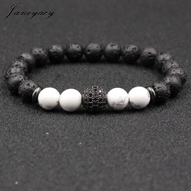 

Janeyacy Hot Trendy Lava Stone Pave CZ Round Charm Bracelet For Men Or Women Bracelet Jewelry Bead bracelet Pulseira hombres