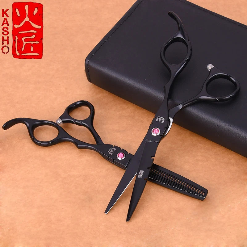 

6.0inch Japan Kasho 440C Black Color Hairdressing Scissors Cutting Shears Thinning Scissors Professional Barber Hair Scissors