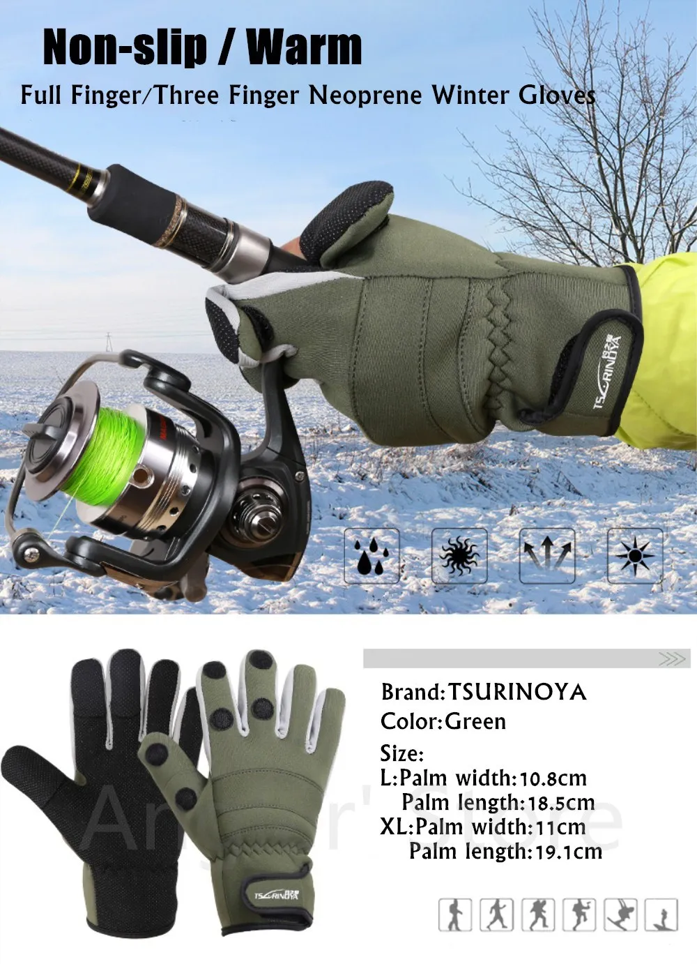 TSURINOYA противоскользящая Водонепроницаемая изоляционная одежда, дышащие перчатки для рыбалки с тремя пальцами