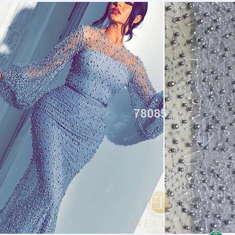 Silver Evening Dresses Long Sleeves Mermaid Lace Pearls Sexy Women Arabic Formal Party Prom Gown robe de soiree 2019