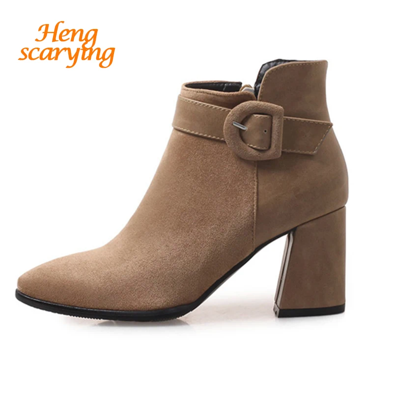 

2018 Plus Size Women 7.5cm High Heels Ankle Boots Thick Block Heels Winter Fall Plush Short Felt Boots Suede Booties Lady Shoes