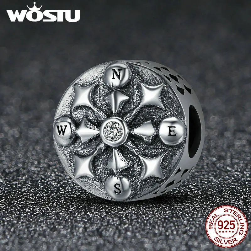WOSTU Authentic 100% 925 Sterling Silver Compass Arrow Geometric Charm Beads fit Charm Bracelets Women DIY jewelry FIC278