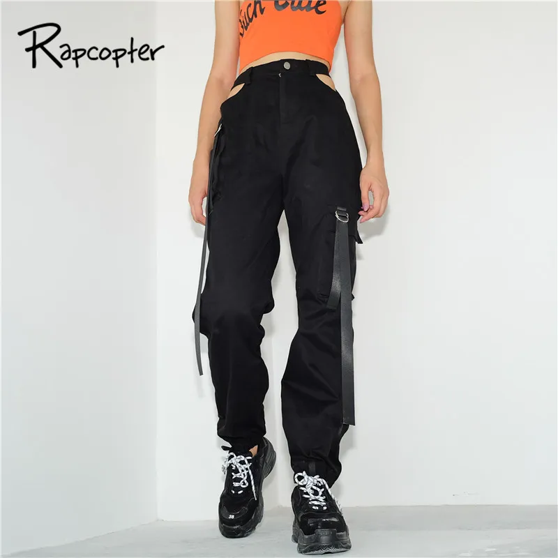 

Rapcopter Streetwear Woman Cargo Pants Women Casual Joggers Black High Waist Loose Female Trousers Zipper Fly Ladies Pants Capri