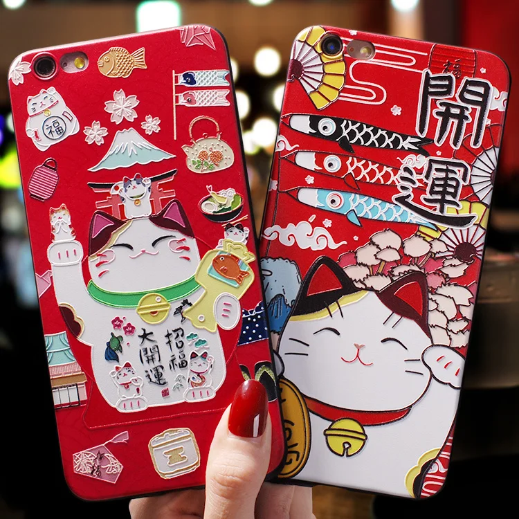 Japanese style Fujiyama festival beckoning cat Lucky Cat Emboss Case For Iphone 11 PRO MAX XS XR X 7 8 Plus 6 6S |
