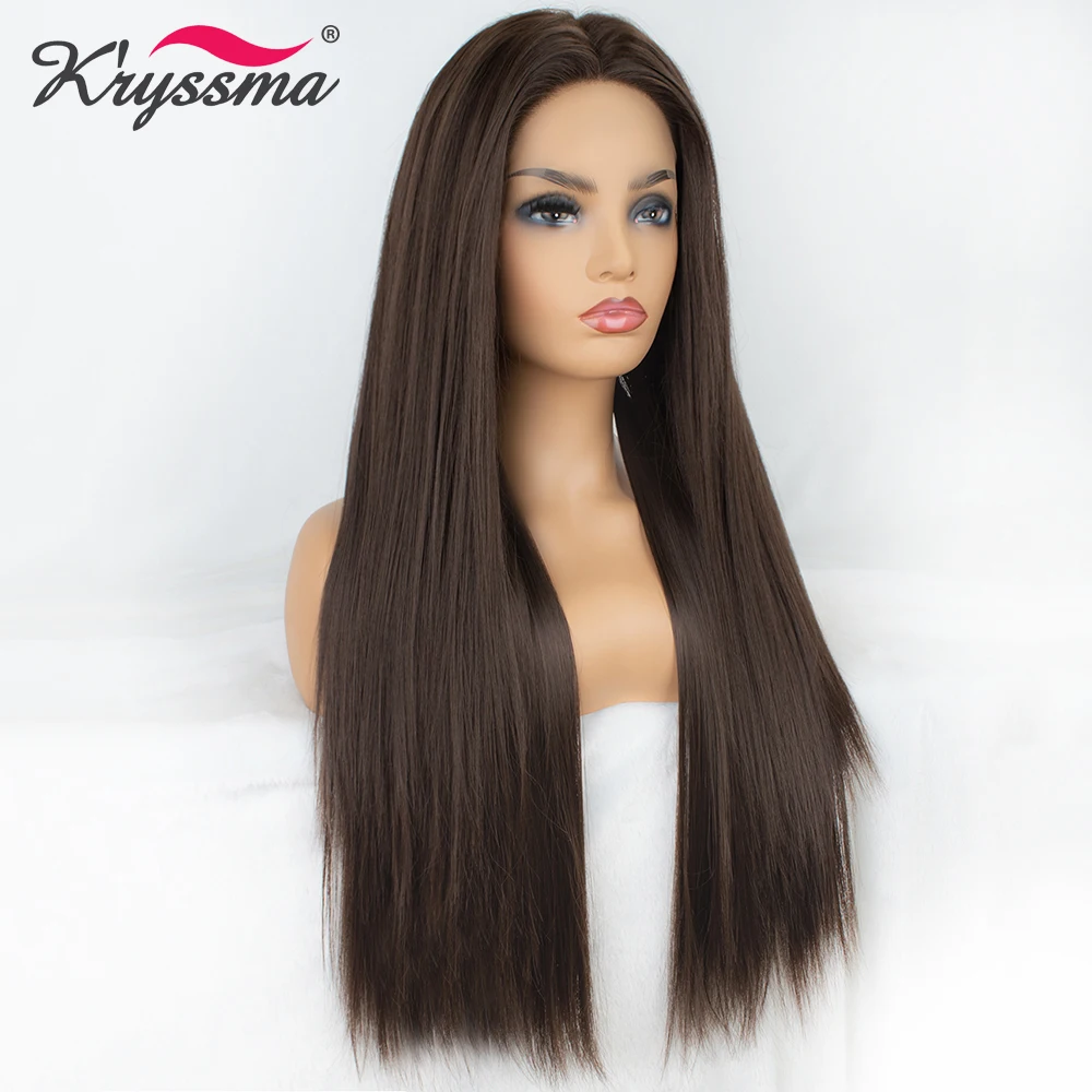 Kryssma коричневый синтетический Синтетические волосы на кружеве парик синтетические парики для черный Для женщин длинные каштановые Синтетические волосы на кружеве парик Средний часть жаропрочных волокна
