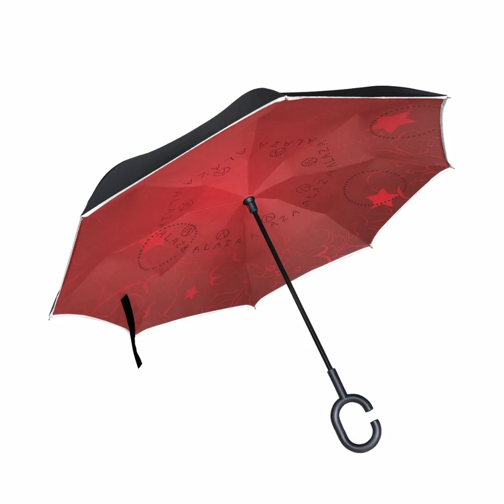 Red Color Windproof Reverse Umbrella Double Layer Long Shank Inverted