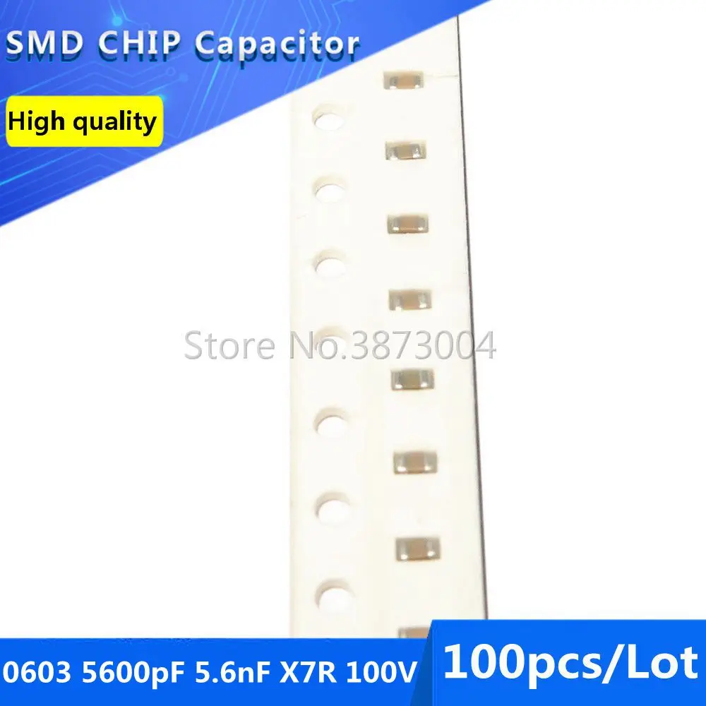 

100pcs 0603 5600pF 5.6nF X7R 100V 10% SMD Chip Capacitor