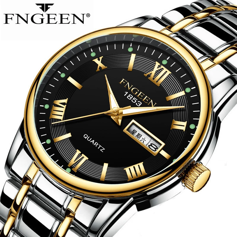 

Calendar(Chinese or English switching) Men's watch Japanese Quartz Movement Man Clock FNGEEN Stainless steel Men Wrist Watches W