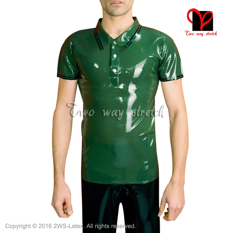 Зеленая с черными планками Кнопка отложной воротник латексная рубашка резиновая uniformTop резиновая нижнее белье одежда XXXL SY-058