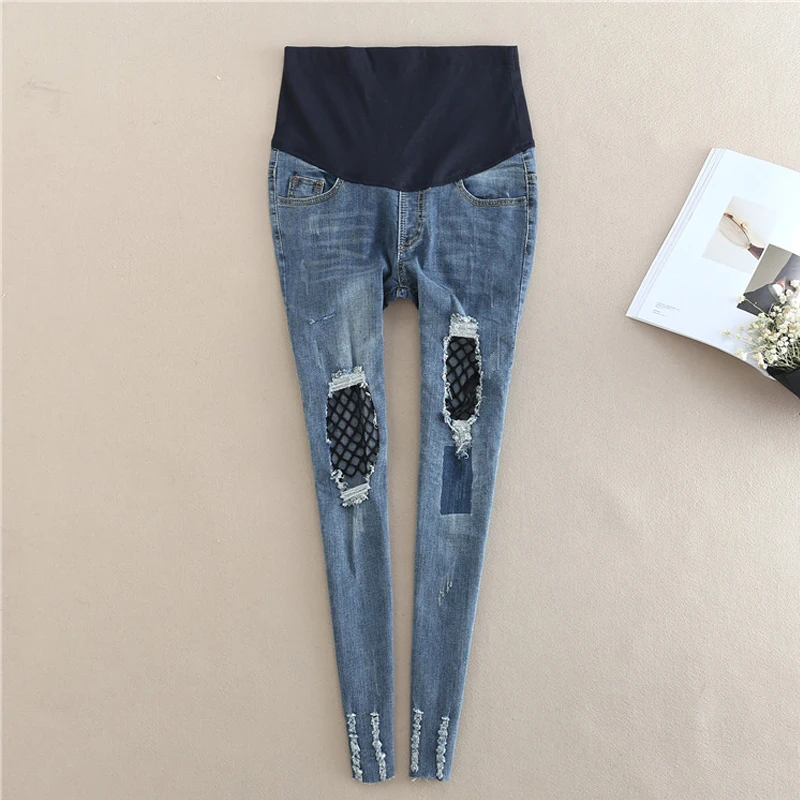 

Elastic Waist Hole Stretch Denim Fashion Maternity Belly Jeans Personality High Waist Pants Pregnant Women Pencil Trousers