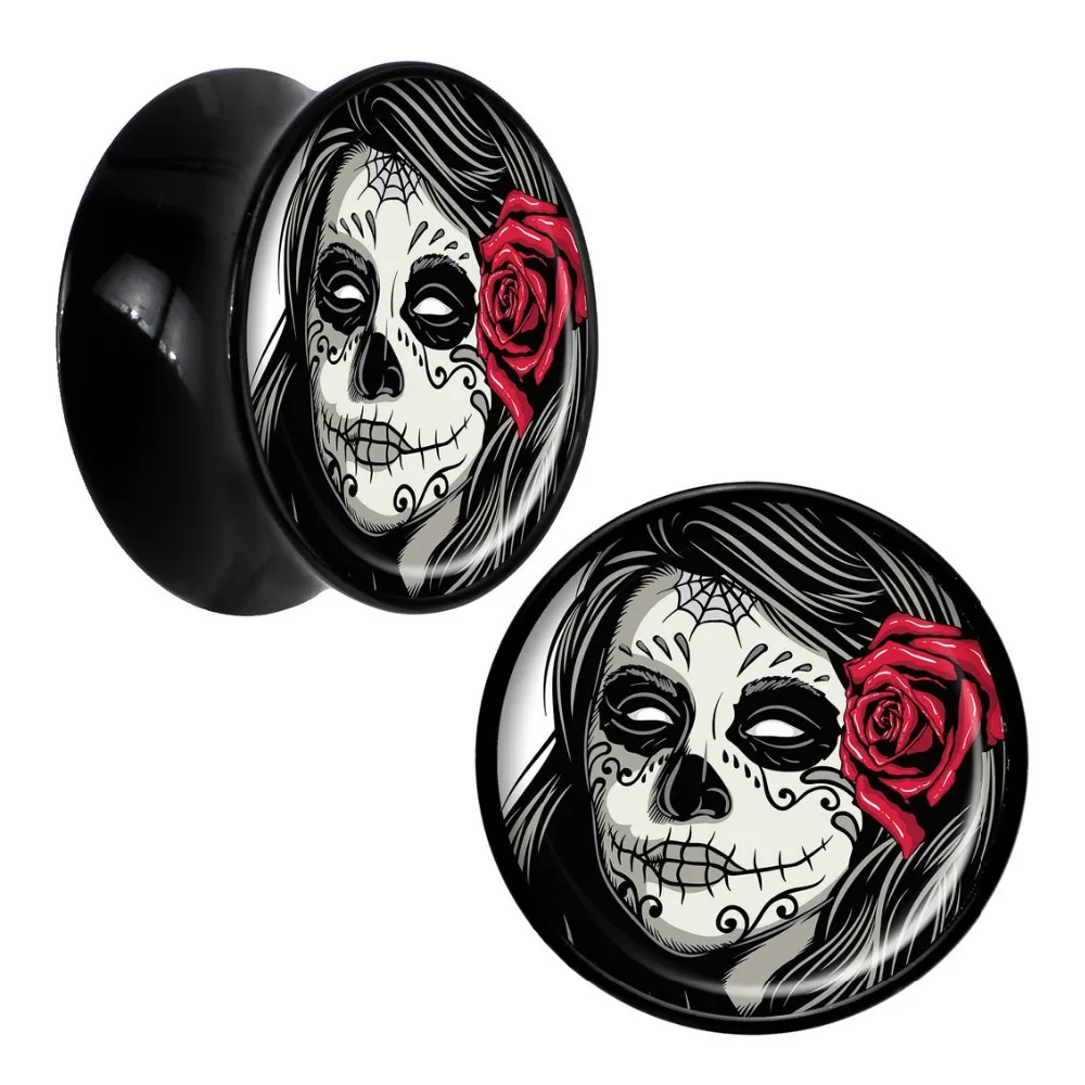 

1 Pair Katrina Sugar Skull with Rose Acrylic Saddle Ear Plug Gauges Tunnel Flesh Tunnel Body Piercing Jewelry