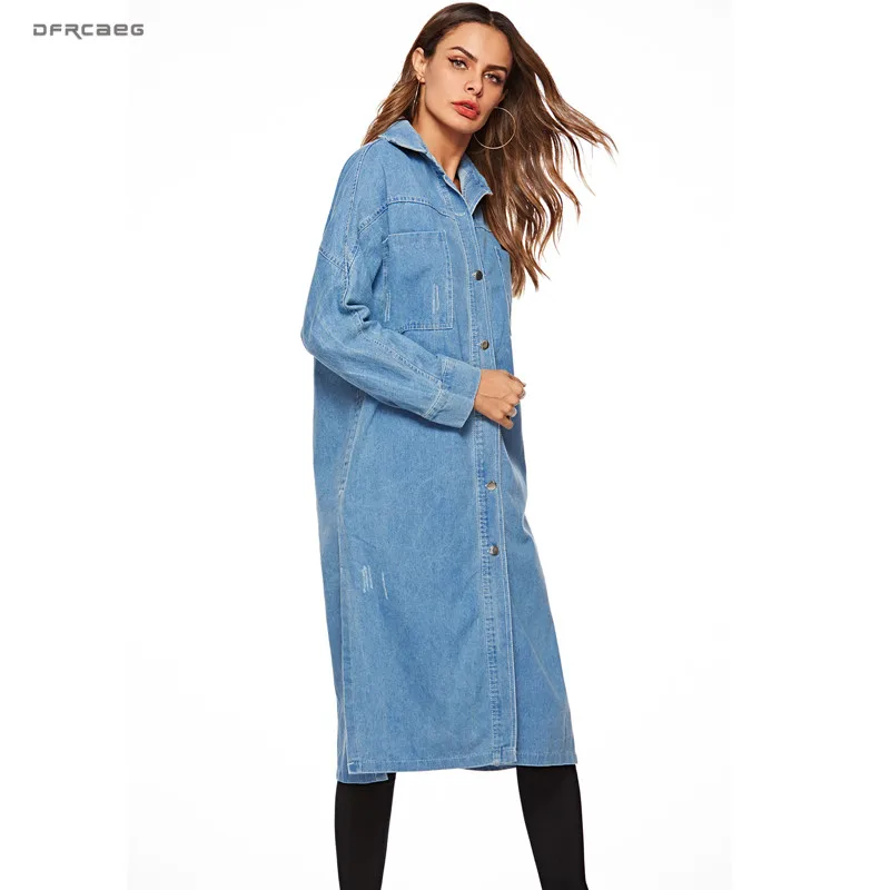 

Blue Women's Hooded Denim Trench Coat Fashion 2018 Autumn Female Oversize Overcoat Ladies Open Split Long Denim Outerwear