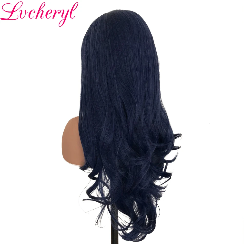 

Lvcheryl Hand Tied Dark Blue Color Long Natural Wave High Temperature Fiber Hair Glueless Synthetic Lace Front Women Wigs