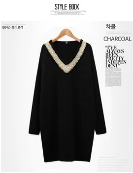 

Big yards in the autumn of 2017 high-end large size ladies fashion nail bead v-neck render leisure loose dress