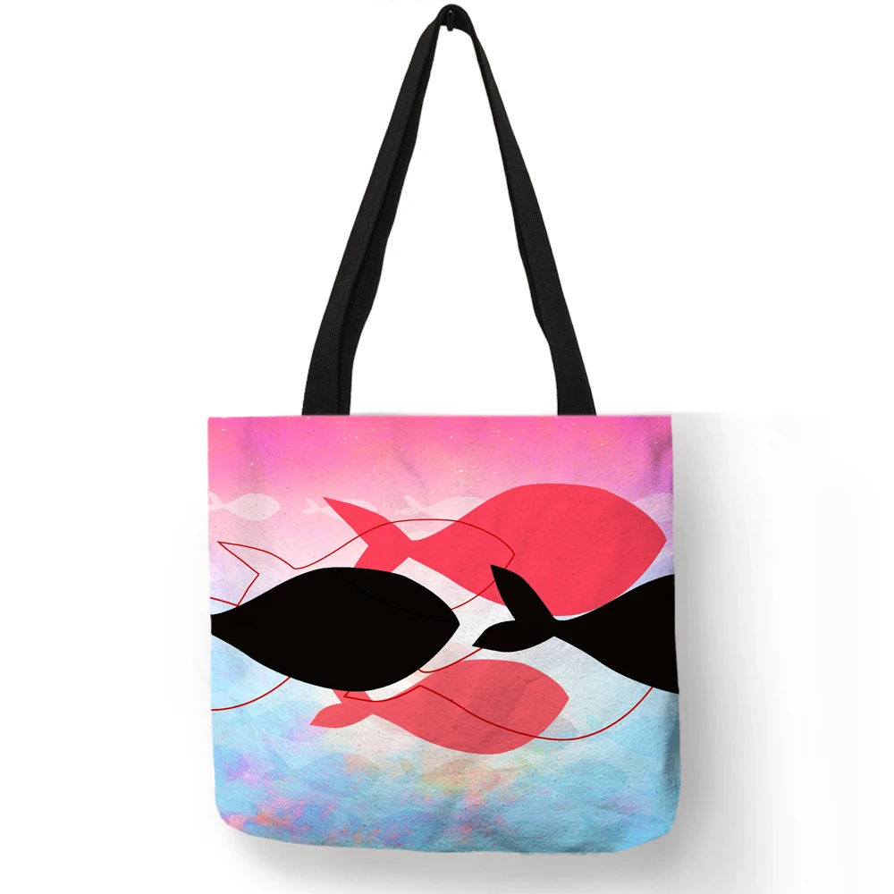 

Creative Design Sac Femme Handbag Minimalist Painting Colorful Fish Shoulder Bag Eco Linen Lady Fashion Reusable Tote Bags
