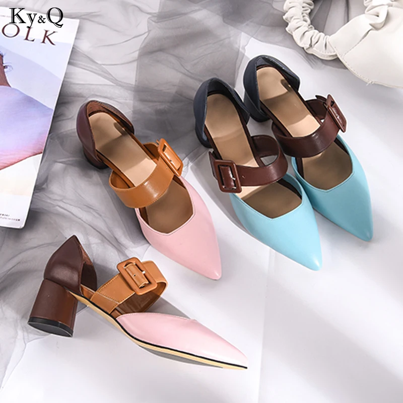 

2019 Summer New Ladies Fashion Color Matching Pointed Comfortable Leather Thick A Word Buckle Casual Wild Mid-heel Shoes 3-5cm