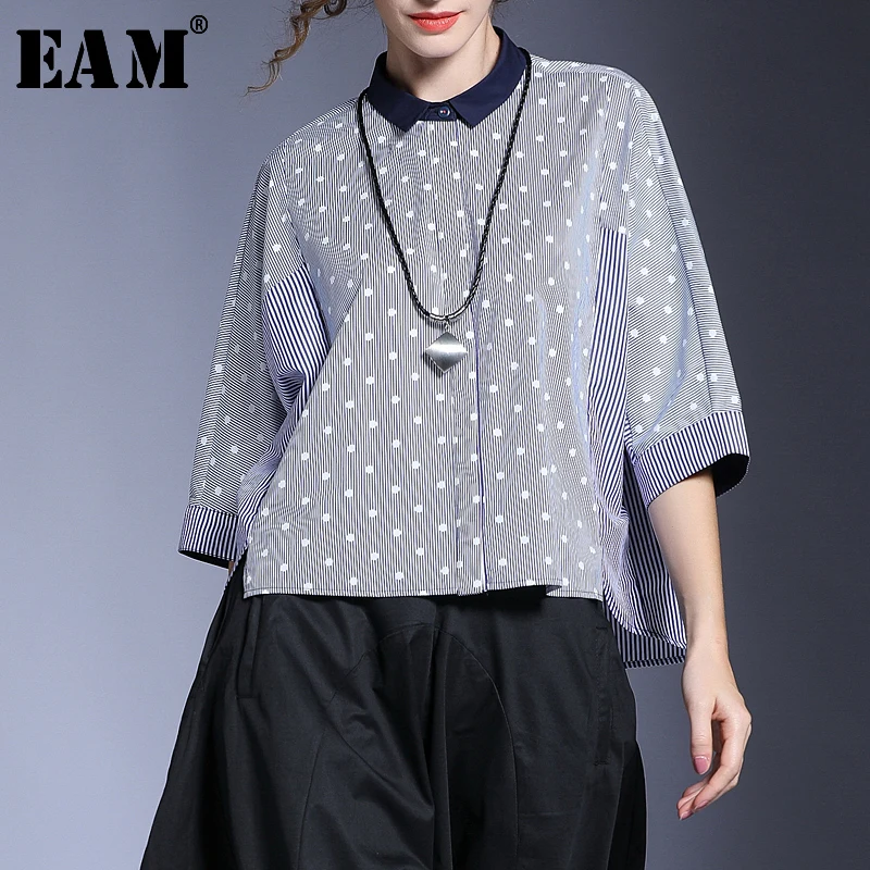 

[EAM] 2019 New Spring Summer Lapel Three-quarter Sleeve Blue Striped Stitch Loose Big Size Shirt Women Blouse Fashion Tide JL953