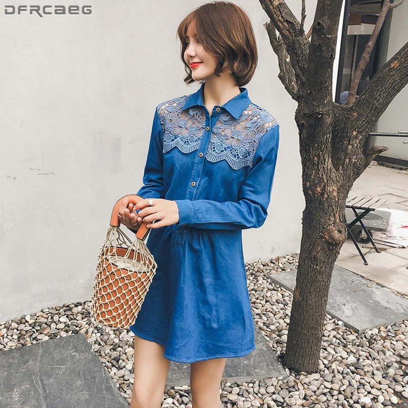 2018 Korean Fashion Autumn Denim Dress Women Hollow Out Crochet Patchwork Lace Dresses Loose Plus Size Dress Mini Vestidos Jeans