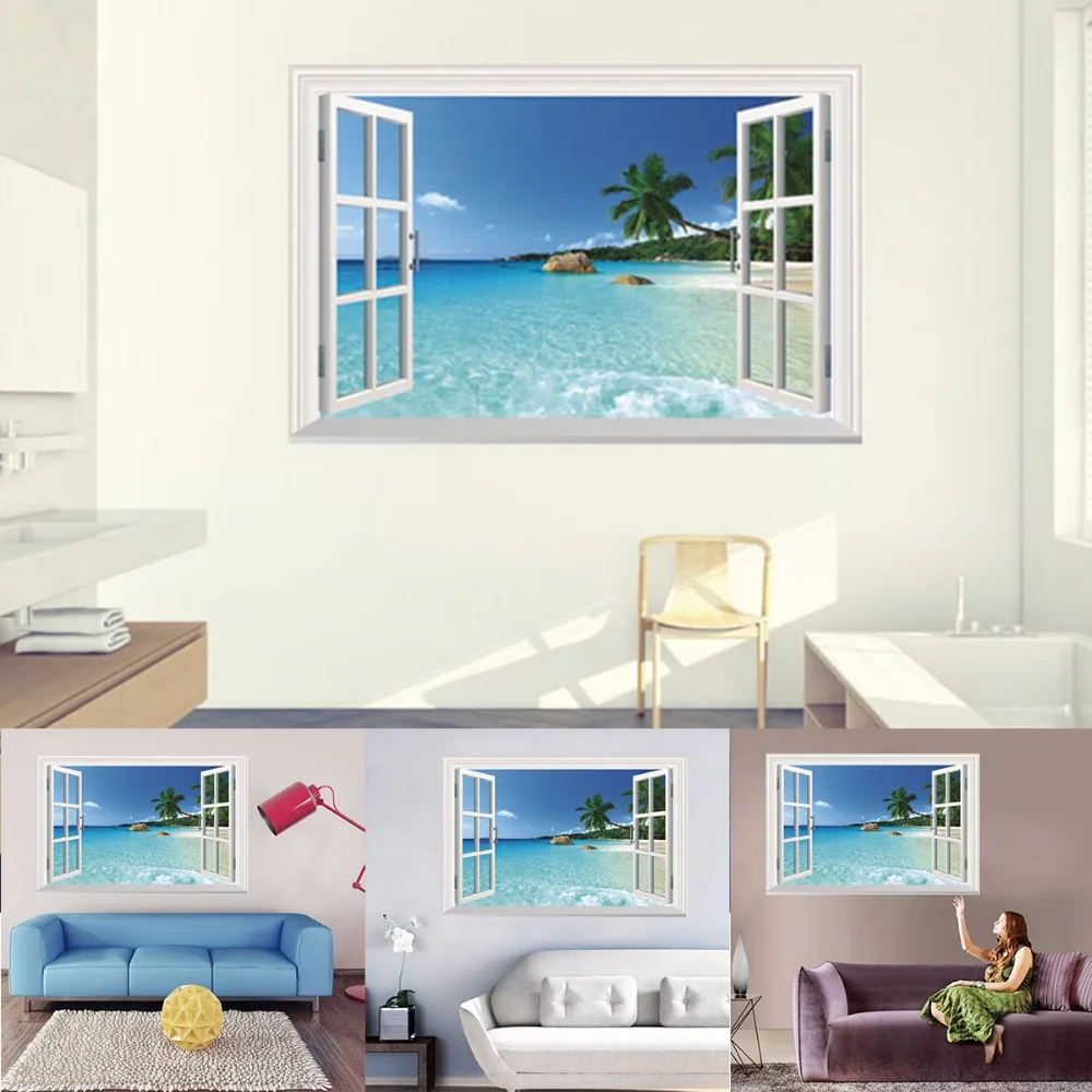 3D Removable Beach Sea 3D Window Scenery Seascape View Wall Sticker