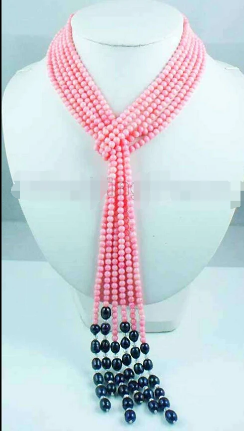 

N2816 4mm Pink Round coral & 7-8mm Black Rice Pearl 3-strand 45" cappa necklace