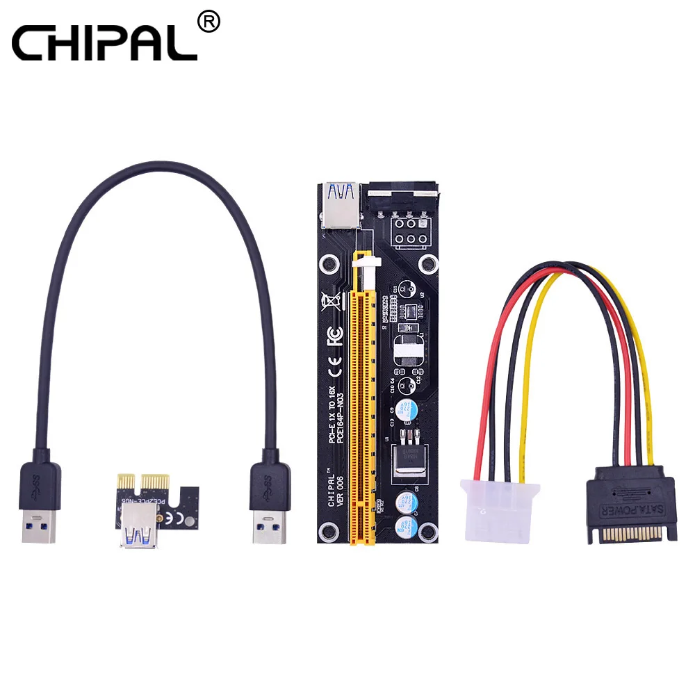 CHIPAL PCI E PCI-E Riser Card PCIE 1X to 16X Extender 15Pin SATA 4Pin Molex Power 0.3M USB 3.0 Cable for BTC LTC ETH Miner |