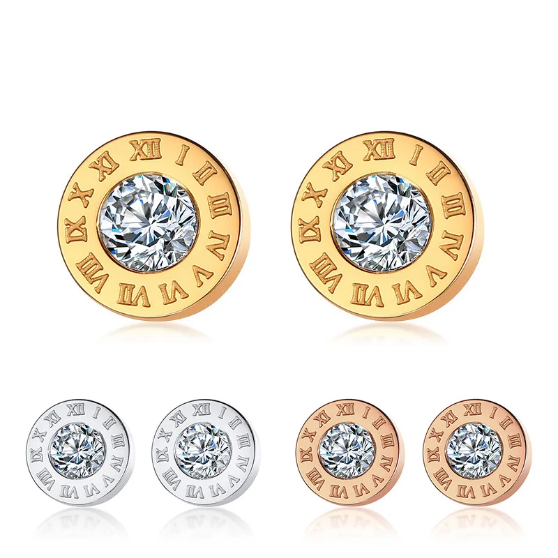 

Silver / Gold / Rose Gold Color Stainless Steel Roman Numerals Stud Earrings Cubic Zirconia Earrings Fashion Female Jewelry