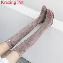 Г.; элегантные женские ботфорты в сдержанном стиле из флока с круглым носком, на молнии, на толстом каблуке; женские офисные сапоги до бедра для подиума; L3f1