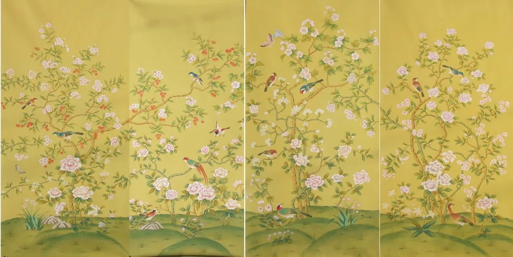 Классический стиль элегантный ручной росписью шелковые обои живопись цветы с птицами обои много узоров и фон на выбор