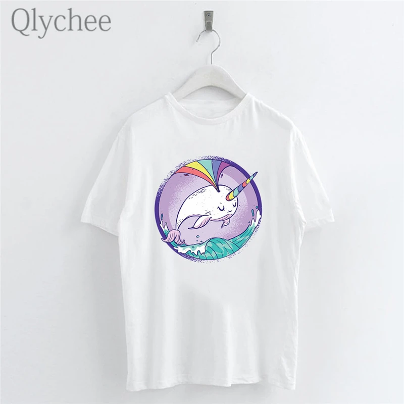 

Qlychee Harajuku Rainbow Whale Print Female T Shirts Top Tees Crew Neck Short Sleeve Color Block Summer Women T-shirts T Shirt