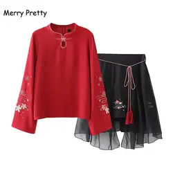 Merry Pretty Женский комплект 2 шт. в китайском стиле Цветочная вышивка с длинным рукавом красная блузка и сетчатая юбка белые женские комплекты