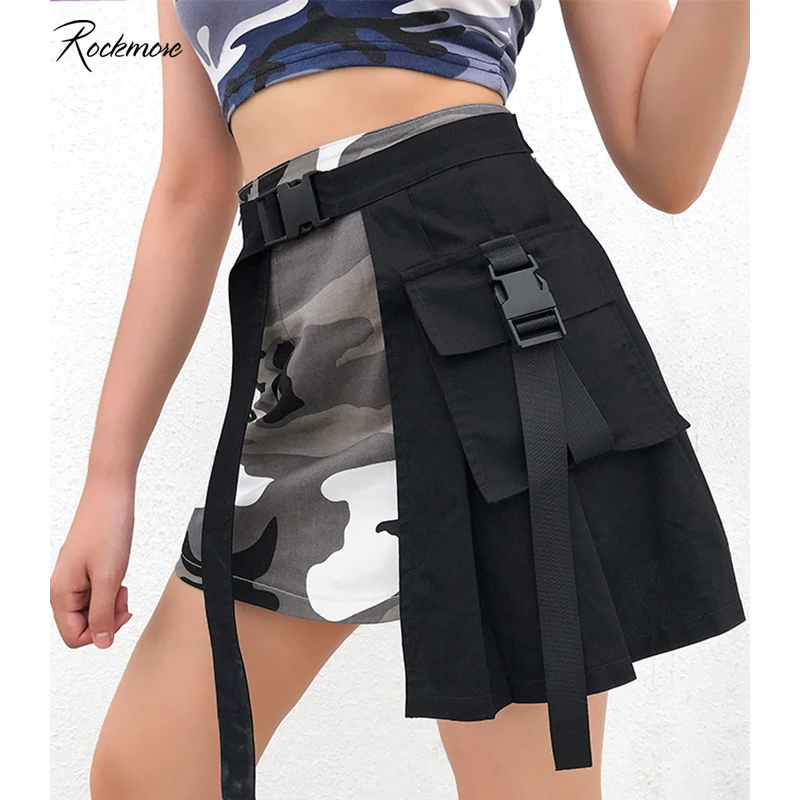 

Rockmore Camouflage Print Above Knee Wrap Mini A Line Skirts Women Buckle Belt Pocket High Waist Skirt Casual Female Streetwear