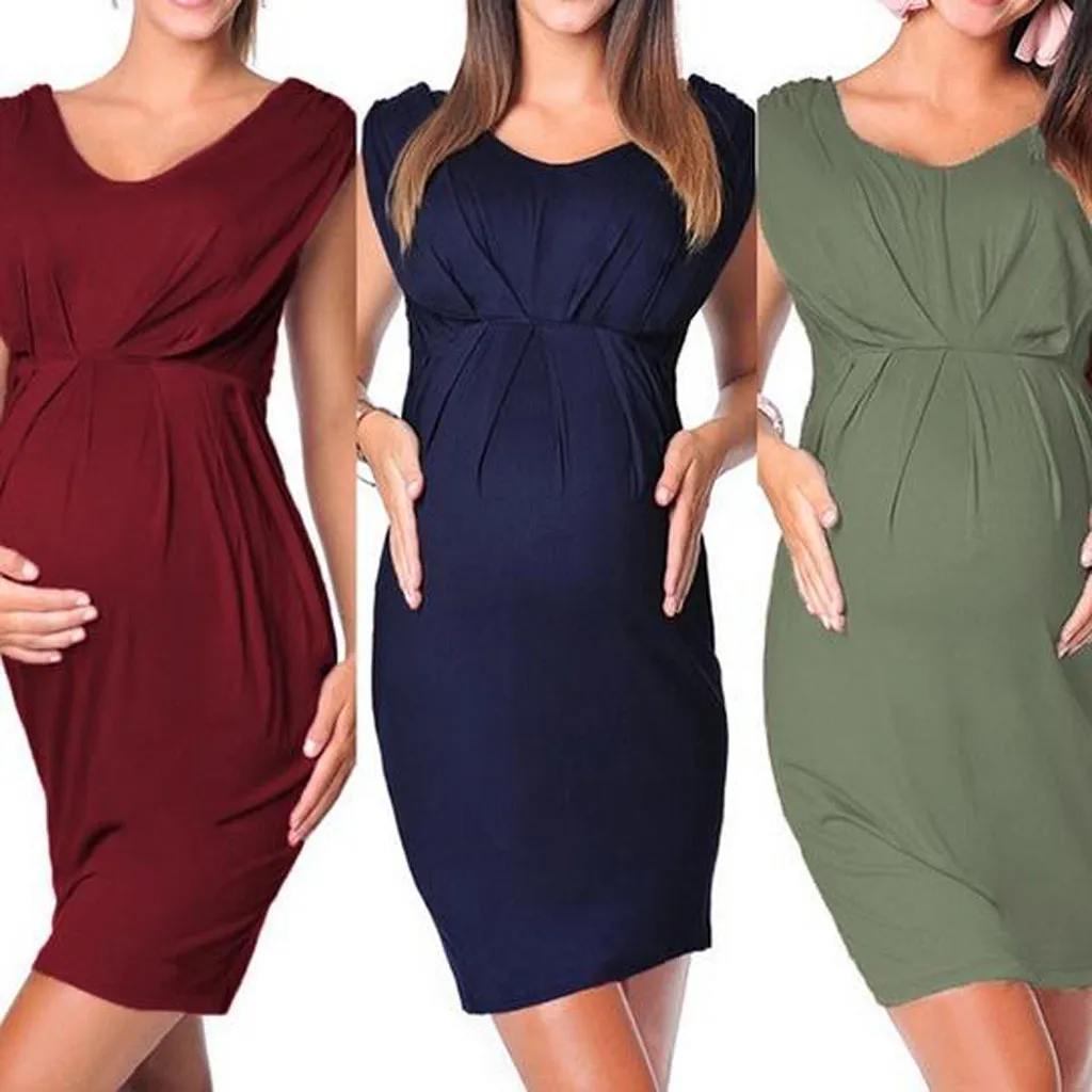 

Maternity Clothes Pregnant Women Sleeveless Bodycon Dress Casual Soft Solid Dress Front with ruffles A slim skirt Pregnancy