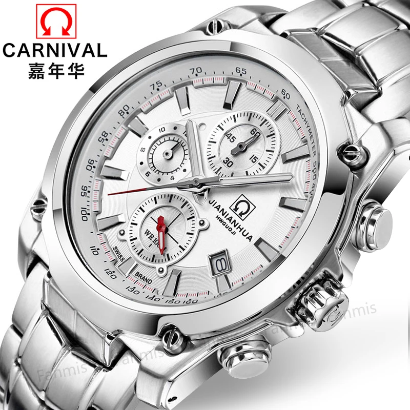 

Carnival Quartz Watch Men Japanes Movement Waterproof 100m Diving Sports Wristwatch Stainless Steel Luminous Relogio Masculino