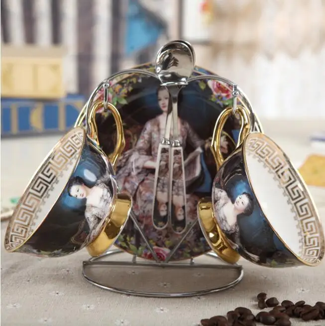 

180 ml Royal Bone China Ceramic coffee tea set of 2 with spoon Empress Josephine painting design gilded tea Cups with rack