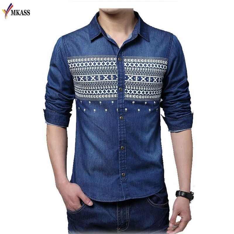 2017 High Quality 100%Cotton Jeans Shirts Male Slim Fit Solid Long Sleeve Denim Shirt Men Clothes Casual Chemise Homme Plus 5XL