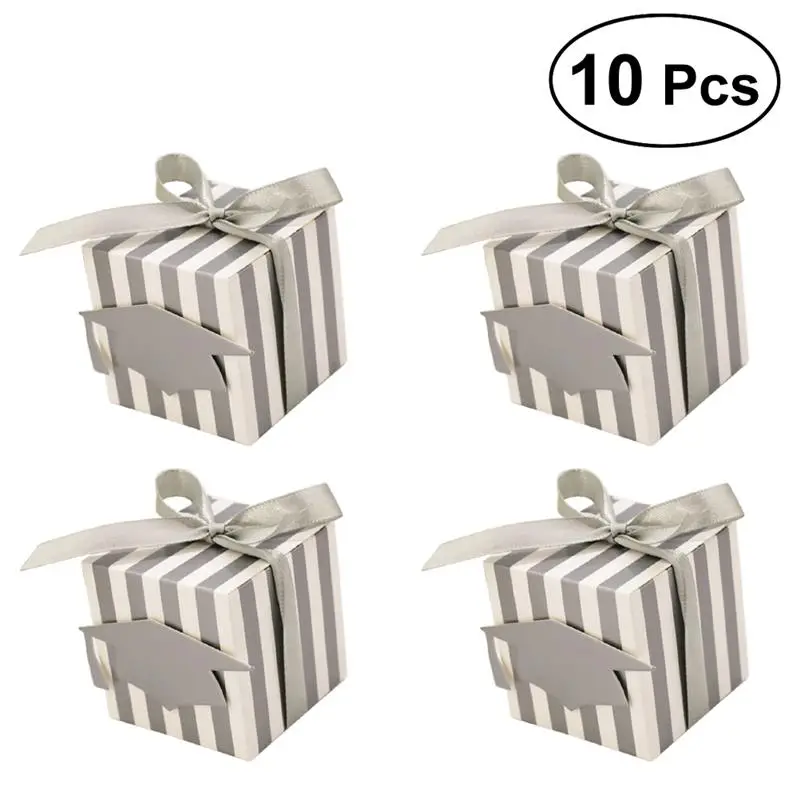 

10PCS Stripes Paper Graduation Candy Treat Boxes Graduating Gift Box with Doctoral Cap Card Tag For Graduation Party Favors
