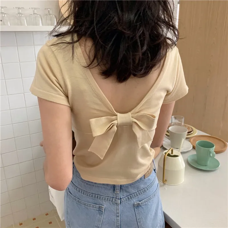 

Women Clothes 2019 Tshirt Women's Short Sleeve Sexy Backless T Shirt Summer O Neck Solid Casual Back Bow Knitted T-Shirt