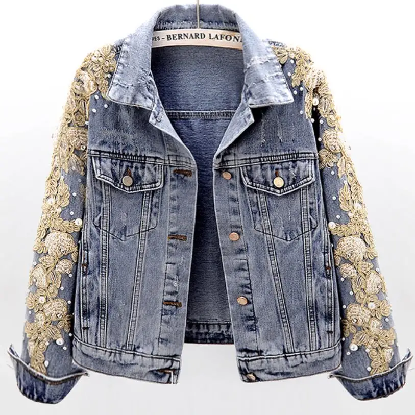 Весенне-осенняя джинсовая куртка с вышитыми бусинами и длинным рукавом, женское короткое свободное джинсовое пальто - Цвет: as photo