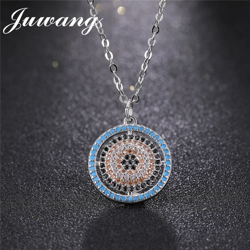 

JUWANG Round Turkish Evil Eye Pendant Necklace for Woman Gold Silver Color Chain Copper Inlay Multicolor CZ Statement Jewelry