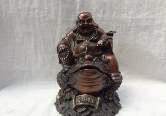 

song voge gem S5013 8" China Red Pure Bronze Fu RuYi Happy Maitreya Buddha Ride Coin Hoptoad Statue