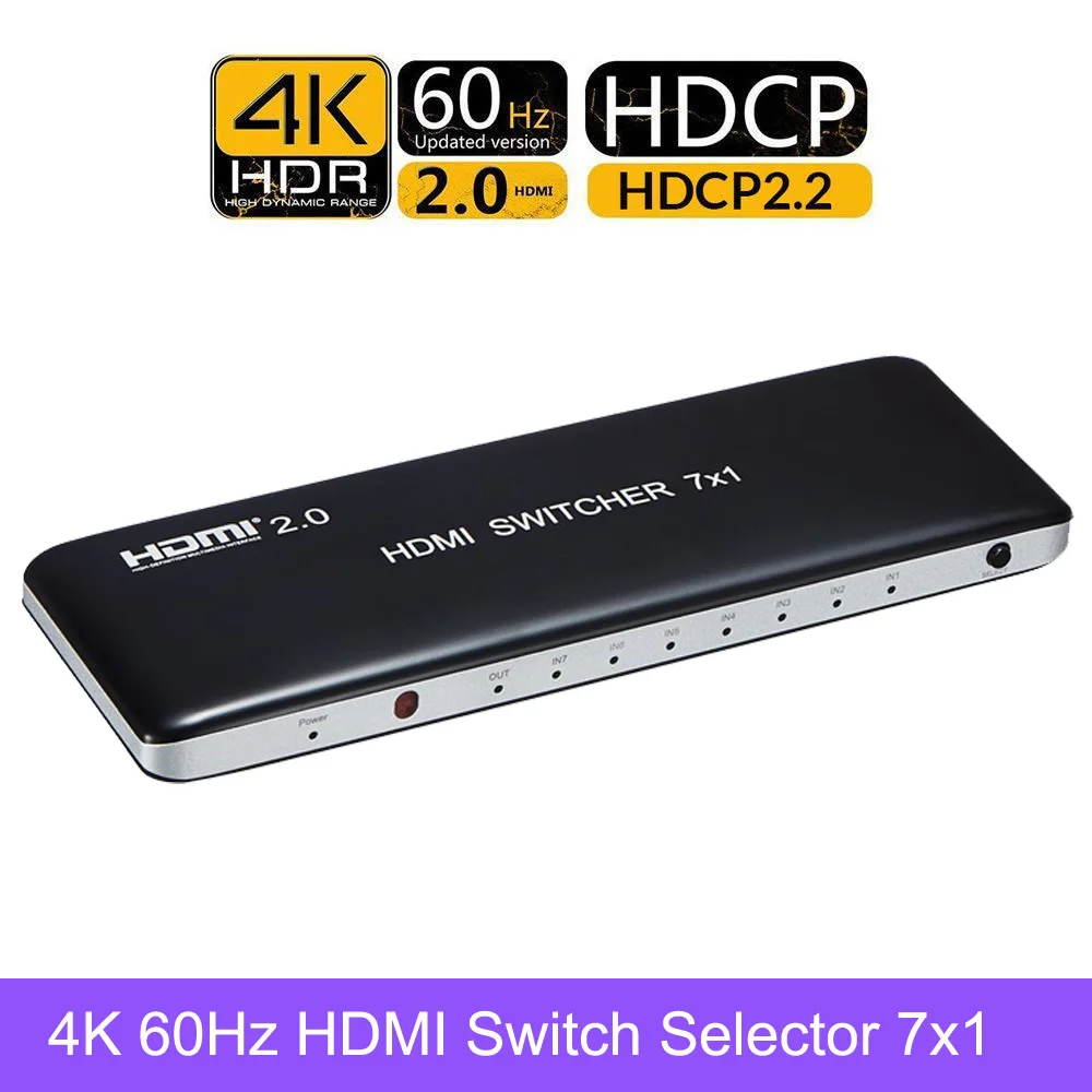 

PUZHIJIE 4K60Hz HDMI Switcher 7x1 HDMI 2.0 UHD 4K@60Hz fps 4:4:4 18Gbps 10Bit HDR HDCP 2.2 3D 7 Input 1 Output HDMI Splitter