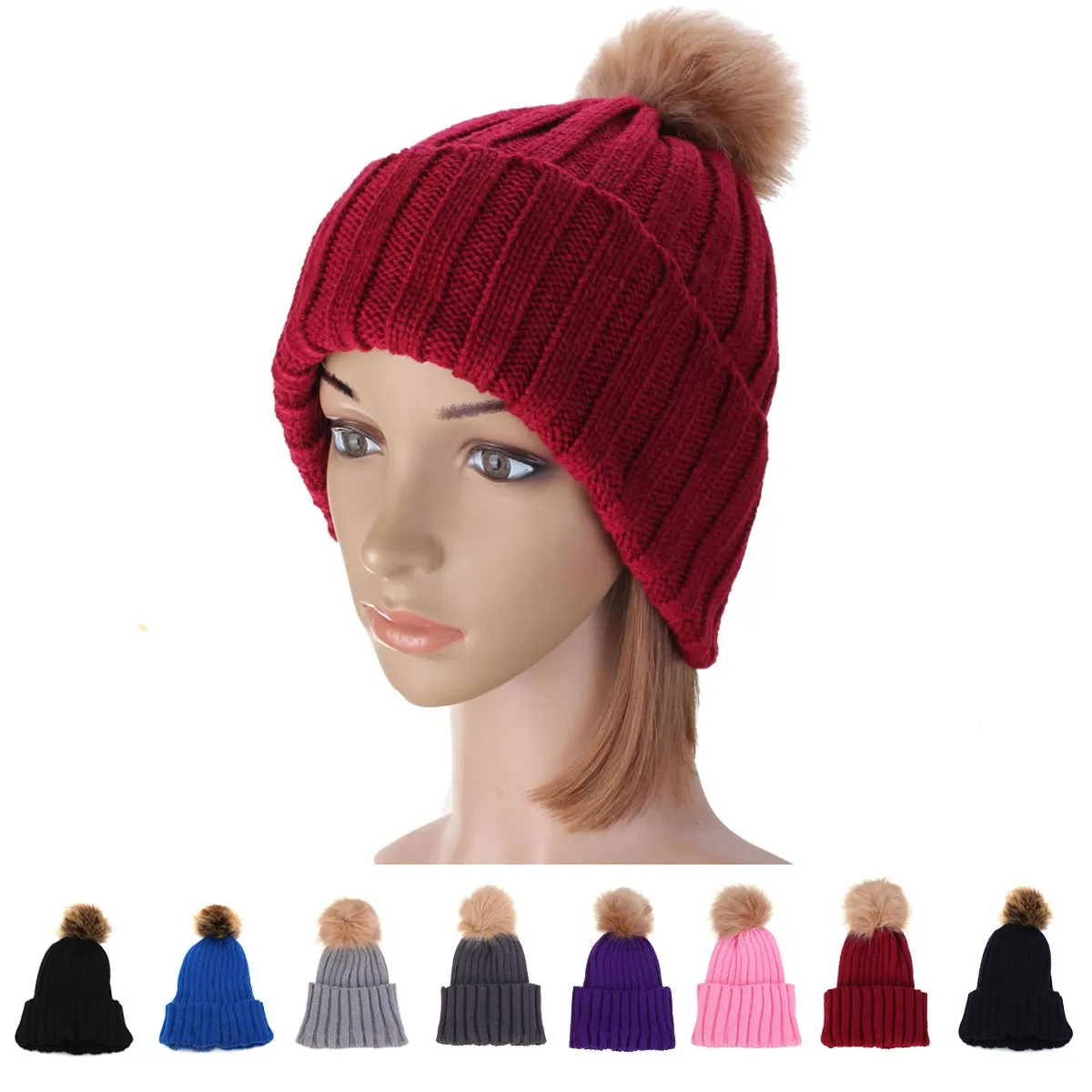 Buy Faux Fur pom poms Winter Hats Men Women Knitted