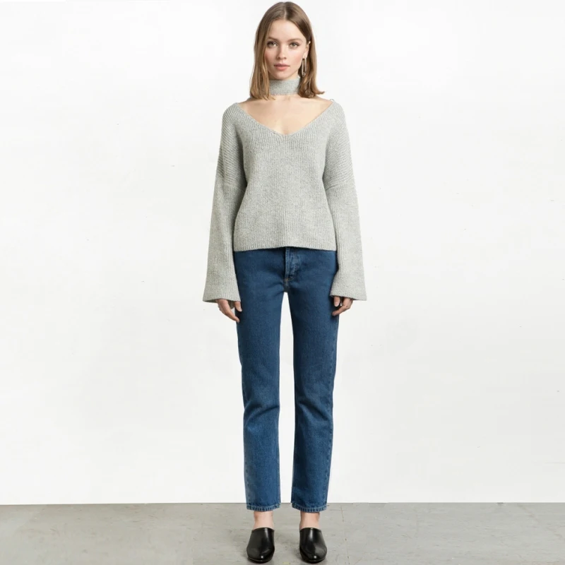HYH HAOYIHUI  Gray V Neck Choker Female Pullover Casual Autumn Flare Sleeve Women Sweaters Vintage Sexy Basic Pullover Sweater