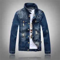 Джинсовая куртка Для мужчин хип-хоп Повседневное Fit тонкая на кнопках одноцветное Цвет Проблемные Джинсы Пальто Мужской темно-синий пальто