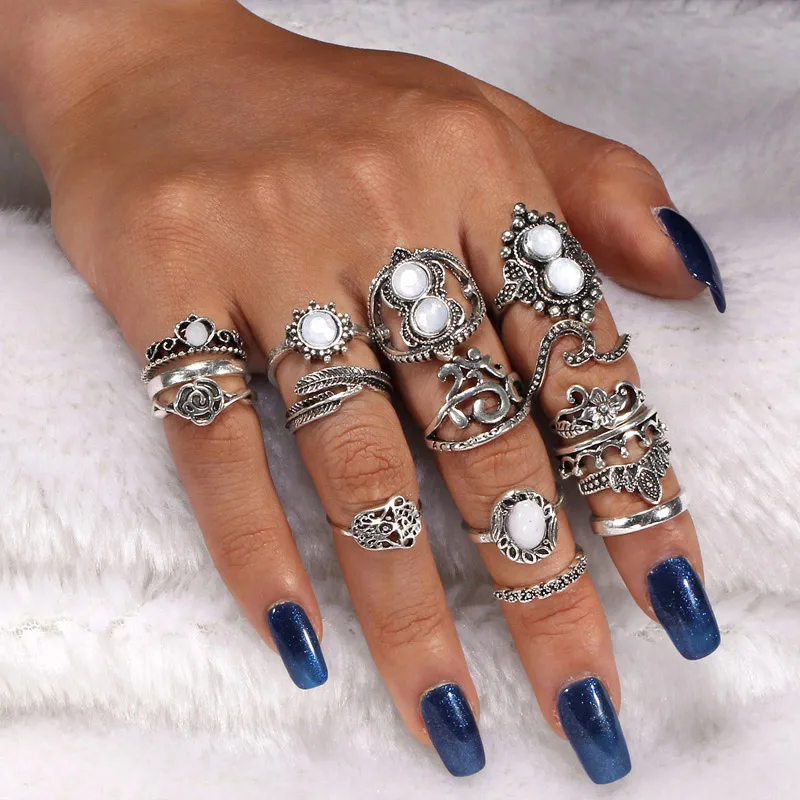

New Design Vintage Opal Knuckle Rings Set For Women Boho Geometric Pattern Flower Rings Party Bohemian Jewelry anillos mujer