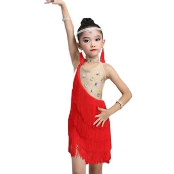 

Kids Red Blue Rhinestone Fringe Salsa Latin Ballroom Dance Dress Sequin for Girls Dance Clothes Dancing Competition Costume Wear