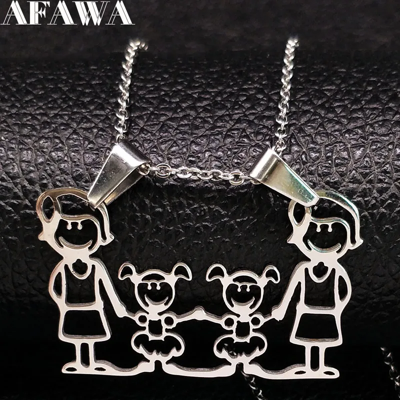 

2018 Fashion Famliy Two Mother Two Girl Stainless Steel Necklaces Women Silver Color Statement Necklace Jewelry collares N1864
